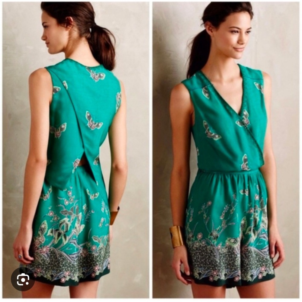 Anthropology Elevenses Romper Butterfly Print Sleeveless teal‎ Green Size S 0182